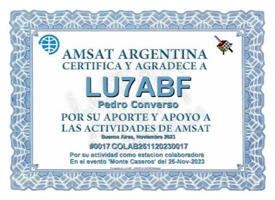 Certificado Satelital de AMSAT Argentina
